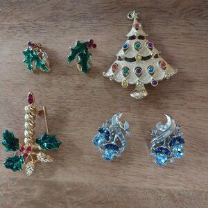 Trifari earrings, holly earrings, Christmas tree pendant, candlestick brooch